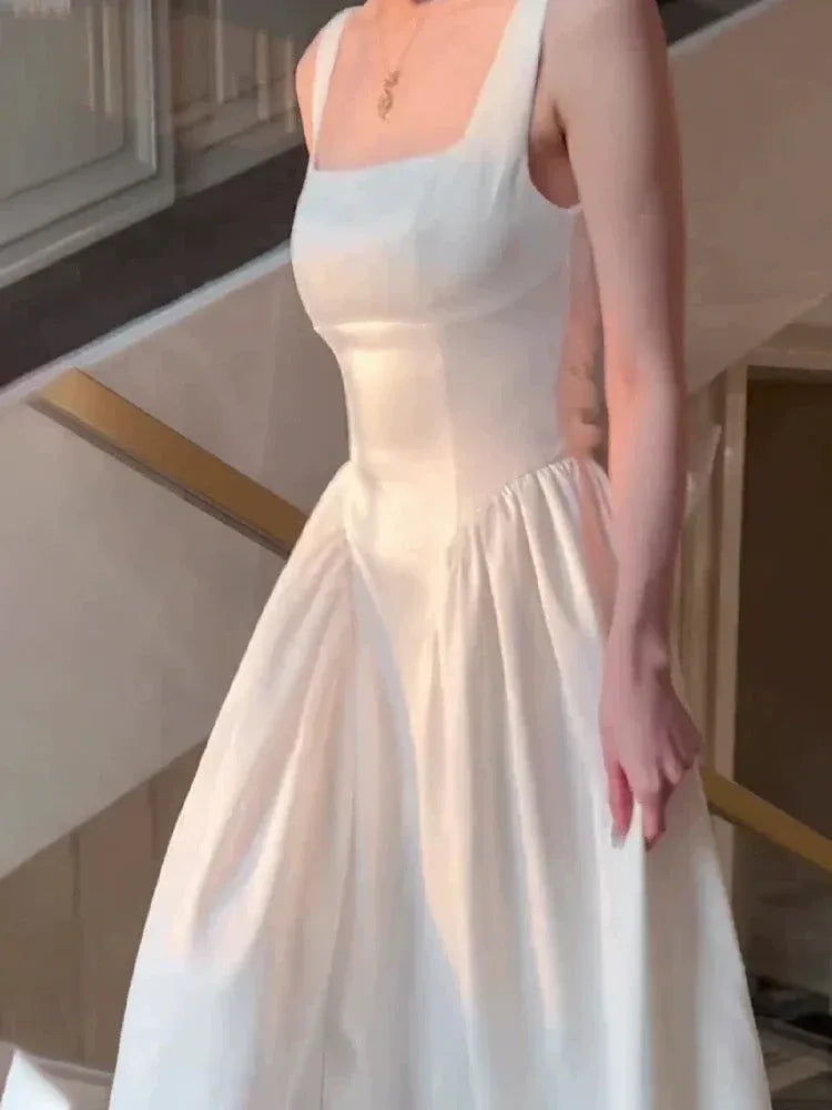Romantic A-line Square Neck Sleeveless Bow-back White Midi Prom Dress for Women Ready to Ship