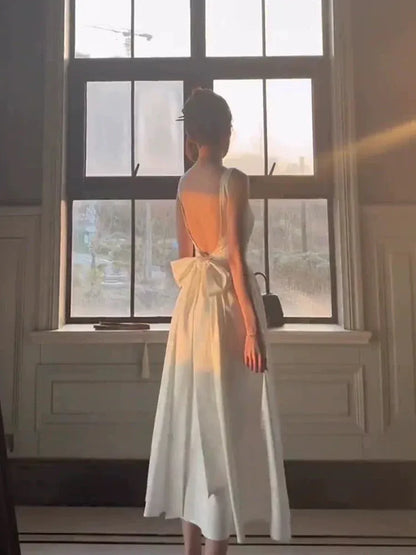 Romantic A-line Square Neck Sleeveless Bow-back White Midi Prom Dress for Women Ready to Ship