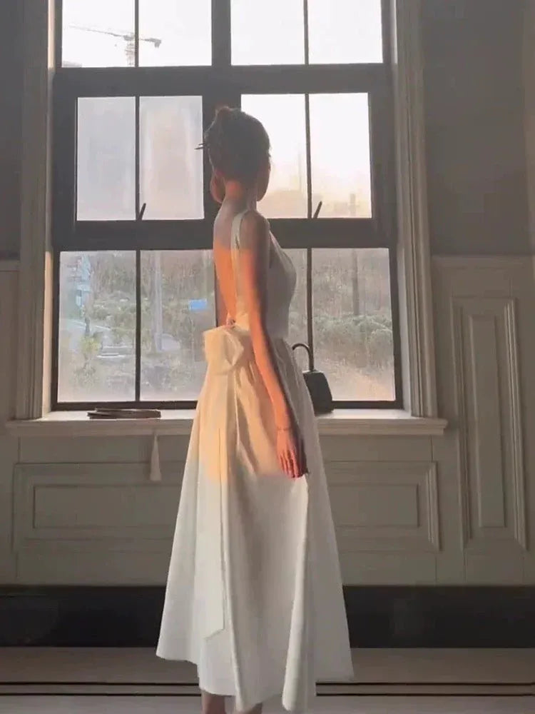 Romantic A-line Square Neck Sleeveless Bow-back White Midi Prom Dress for Women Ready to Ship