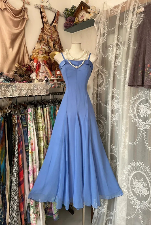 Romantic A-line Square Neck Sleeveless Lace-Up Chiffon Sky Blue Maxi Evening Dress
