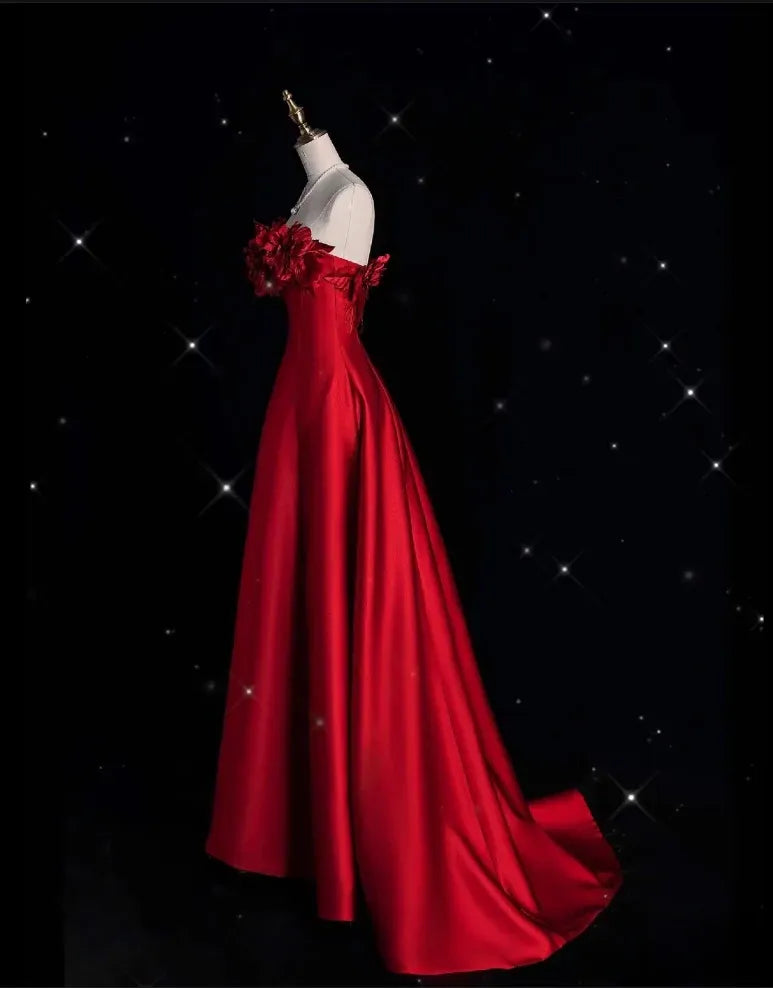 Romantic A-line Strapless Sleeveless Floral Red Maxi Prom Dress for Women Ready to Ship