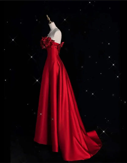 Romantic A-line Strapless Sleeveless Floral Red Maxi Prom Dress for Women Ready to Ship
