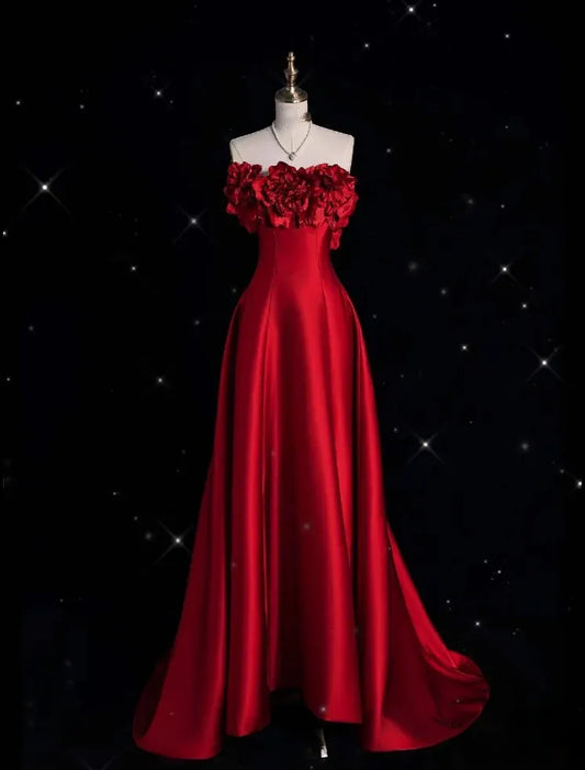 Romantic A-line Strapless Sleeveless Floral Red Maxi Prom Dress for Women Ready to Ship