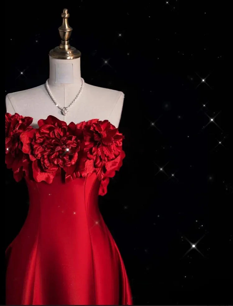 Romantic A-line Strapless Sleeveless Floral Red Maxi Prom Dress for Women Ready to Ship
