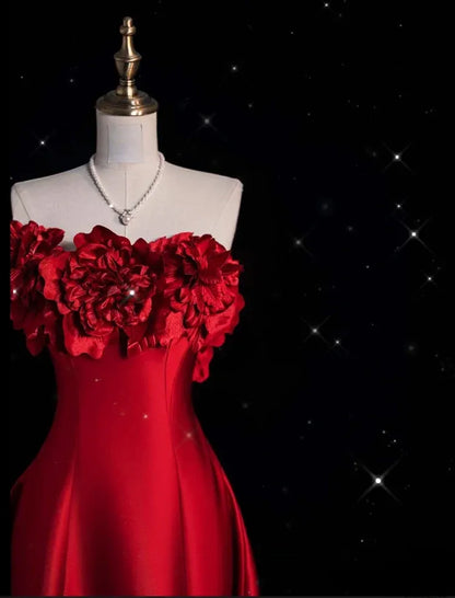 Romantic A-line Strapless Sleeveless Floral Red Maxi Prom Dress for Women Ready to Ship