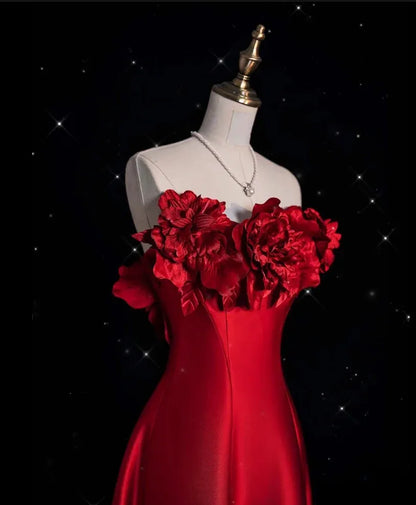 Romantic A-line Strapless Sleeveless Floral Red Maxi Prom Dress for Women Ready to Ship