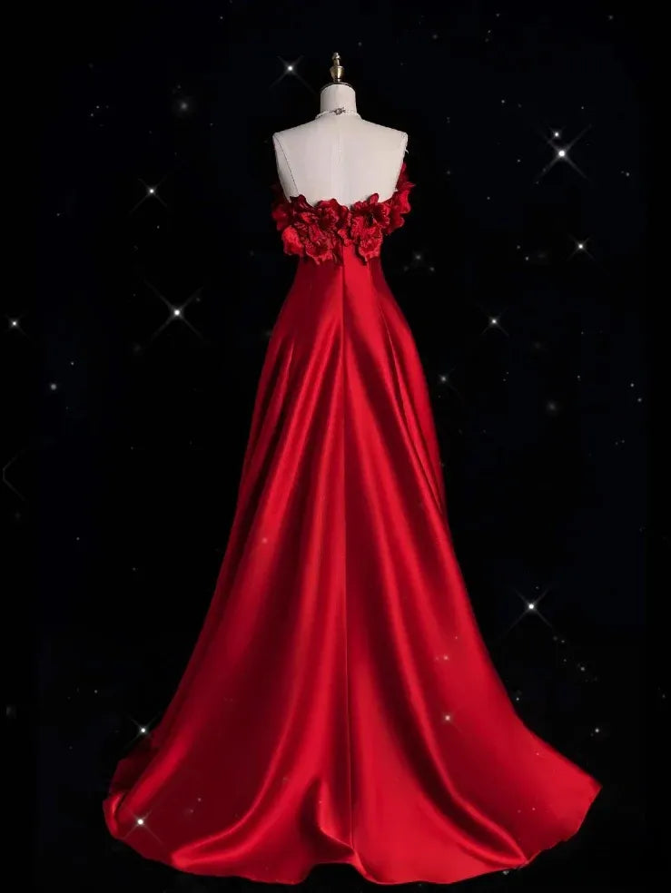 Romantic A-line Strapless Sleeveless Floral Red Maxi Prom Dress for Women Ready to Ship