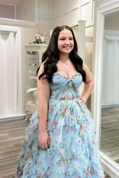 Romantic A-line Strapless Sleeveless Floral Tulle Ruched Floor-Length Prom Dress