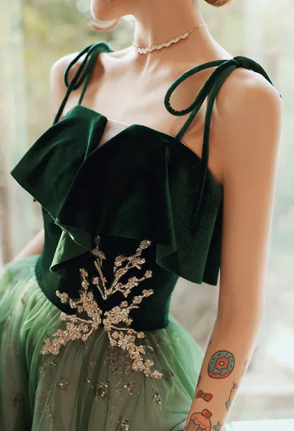 Romantic A-line Sweetheart-Strap Sleeveless Sequin-Accented Forest Green Maxi Prom Dress for Women Custom