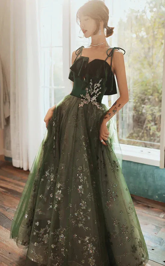 Romantic A-line Sweetheart-Strap Sleeveless Sequin-Accented Forest Green Maxi Prom Dress for Women Custom