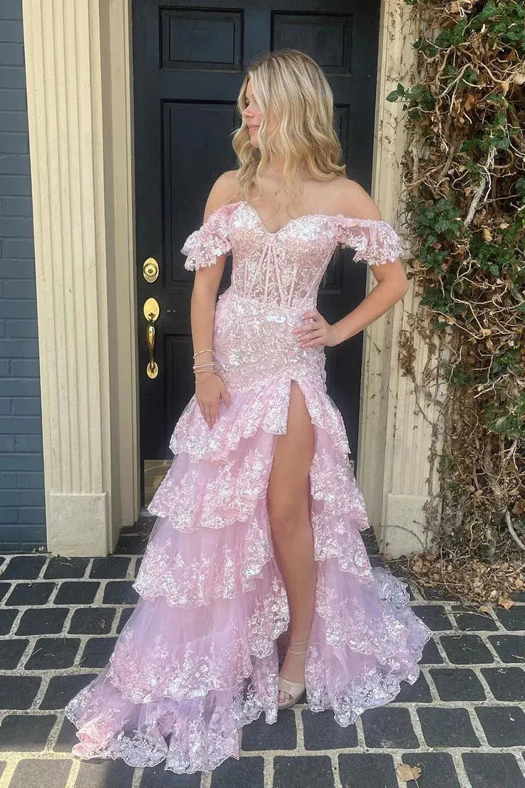 Romantic A line Off the Shoulder Sleeveless Tulle Slit Sweep/Brush Train Prom Dress