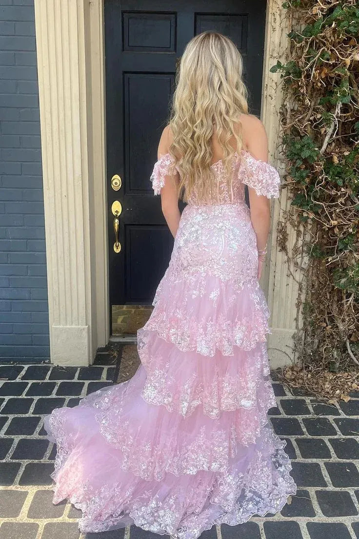 Romantic A line Off the Shoulder Sleeveless Tulle Slit Sweep/Brush Train Prom Dress