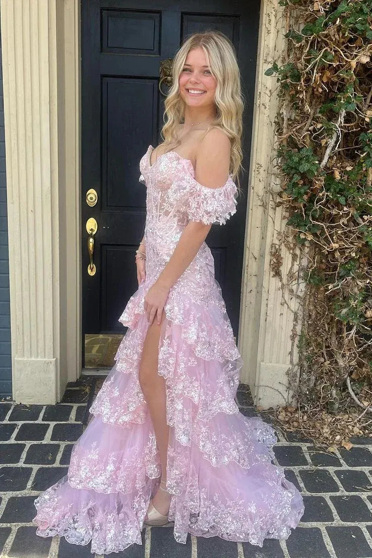 Romantic A line Off the Shoulder Sleeveless Tulle Slit Sweep/Brush Train Prom Dress