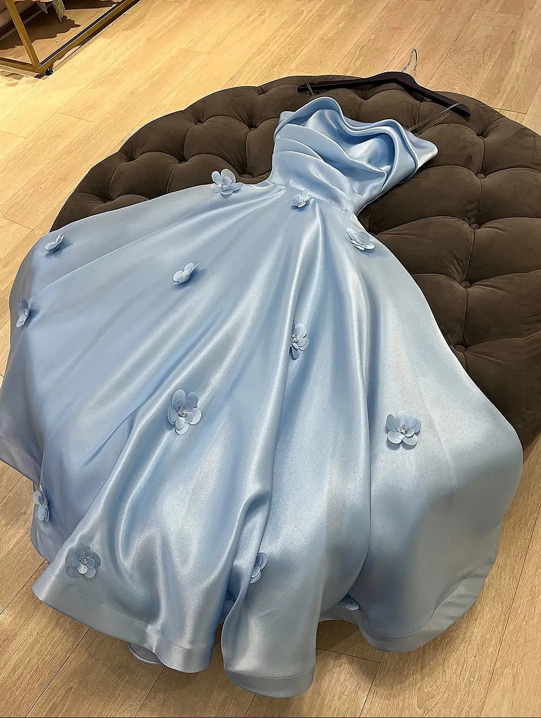 Romantic Ball Gown Cowl Neck Sleeveless Floral Sky Blue Midi Prom Dress for Women Hot Sale