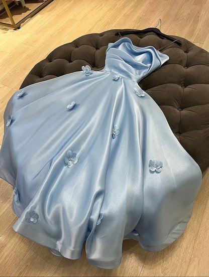 Romantic Ball Gown Cowl Neck Sleeveless Floral Sky Blue Midi Prom Dress for Women Hot Sale