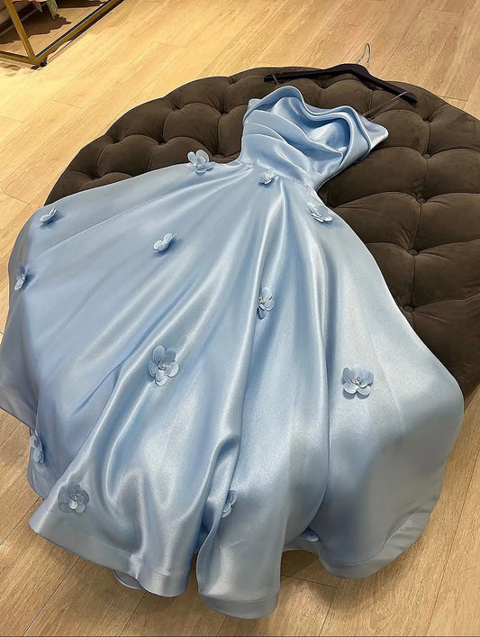 Romantic Ball Gown Cowl Neck Sleeveless Floral Sky Blue Midi Prom Dress for Women Hot Sale
