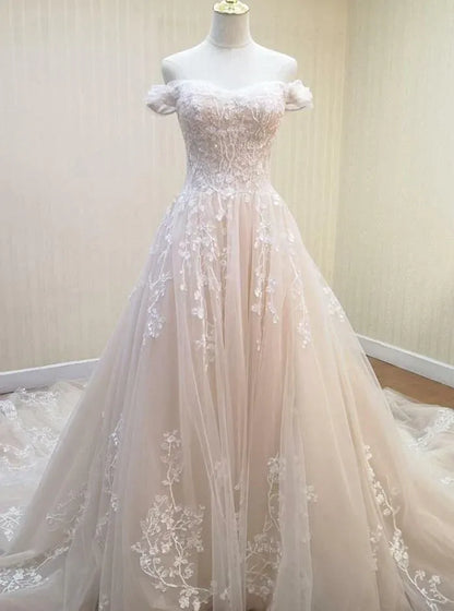 Romantic Ball Gown Off-Shoulder Floral Lace Blush Train Wedding Dress With Beaded