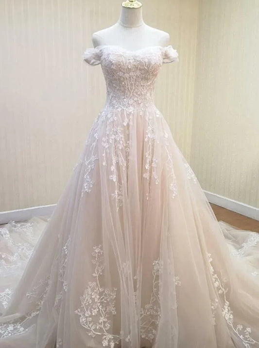 Romantic Ball Gown Off-Shoulder Floral Lace Blush Train Wedding Dress With Beaded