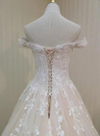 Romantic Ball Gown Off-Shoulder Floral Lace Blush Train Wedding Dress With Beaded