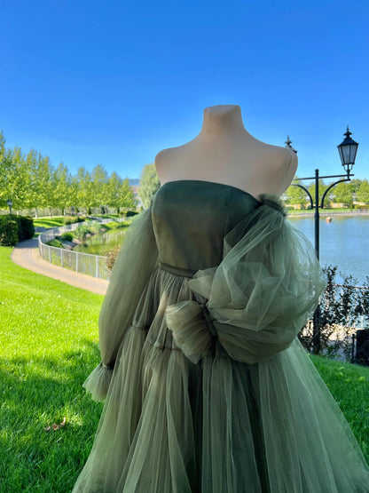 Romantic Ball Gown Off-the-Shoulder Tulle Olive Green Floor-Length Prom Dress