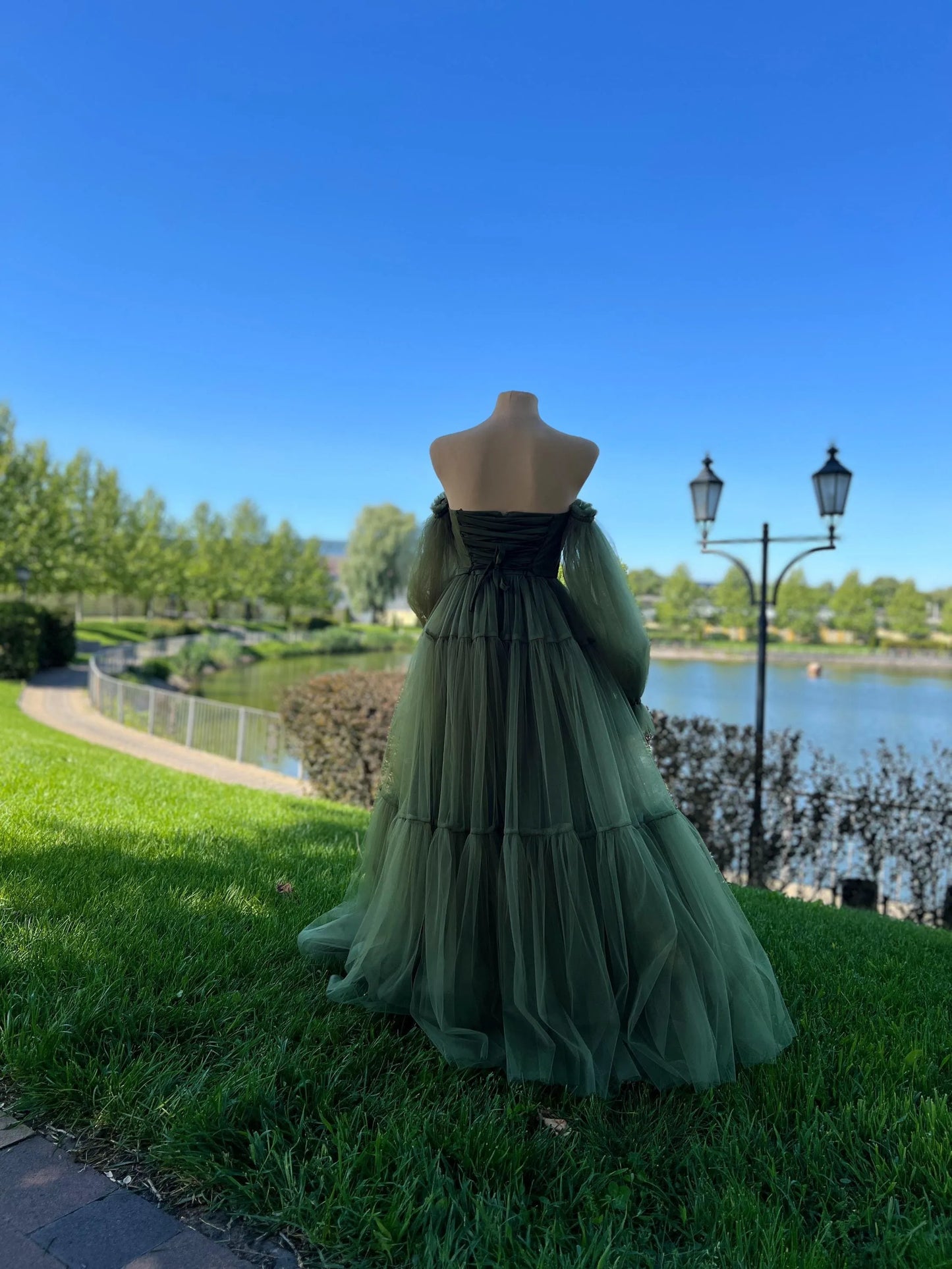 Romantic Ball Gown Off-the-Shoulder Tulle Olive Green Floor-Length Prom Dress
