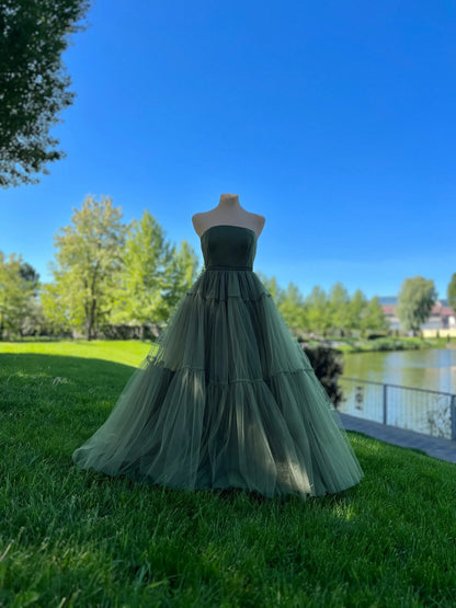 Romantic Ball Gown Off-the-Shoulder Tulle Olive Green Floor-Length Prom Dress