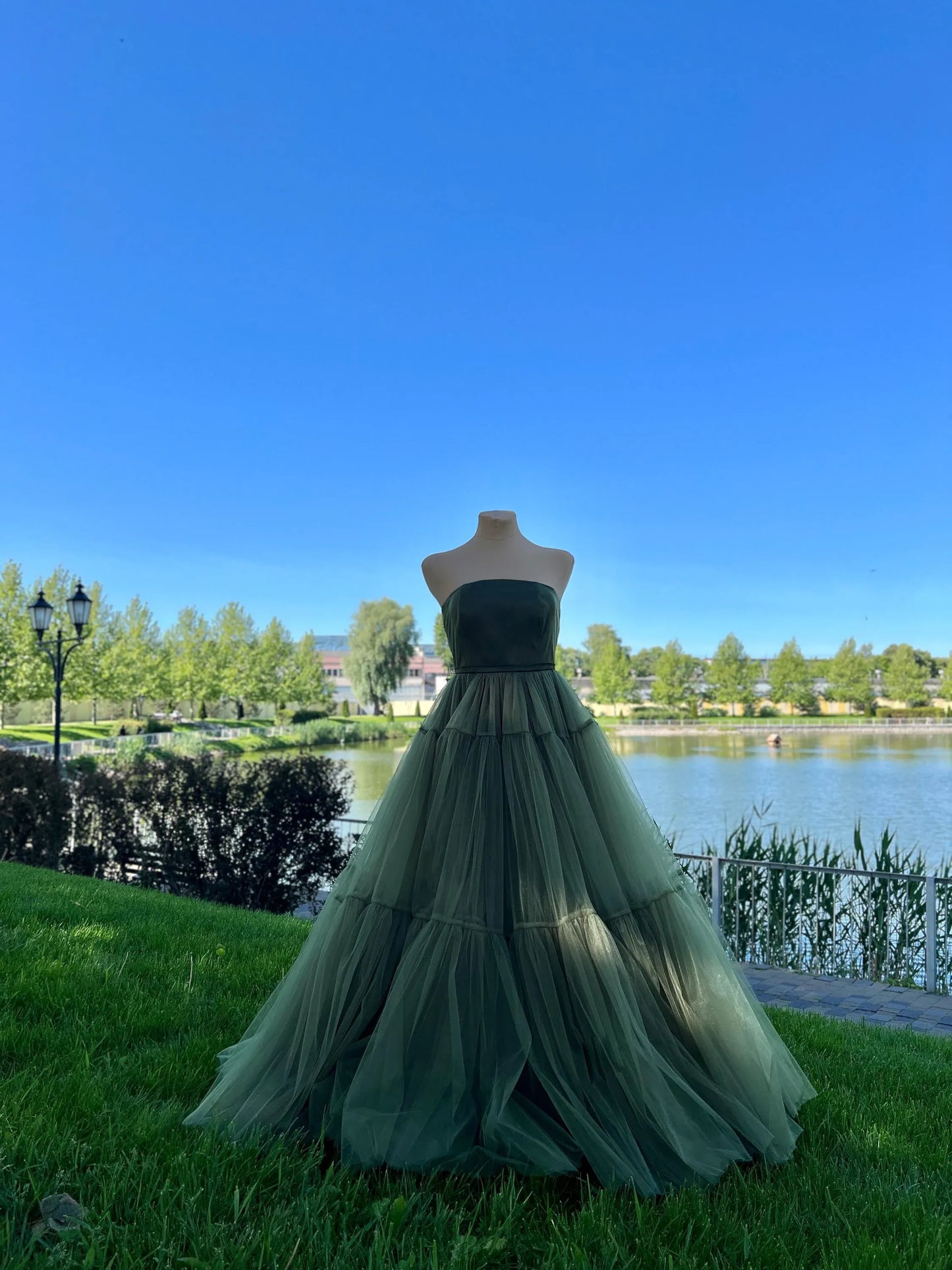 Romantic Ball Gown Off-the-Shoulder Tulle Olive Green Floor-Length Prom Dress