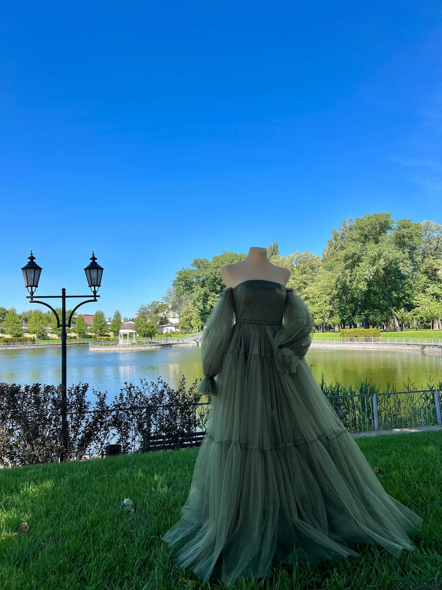 Romantic Ball Gown Off-the-Shoulder Tulle Olive Green Floor-Length Prom Dress
