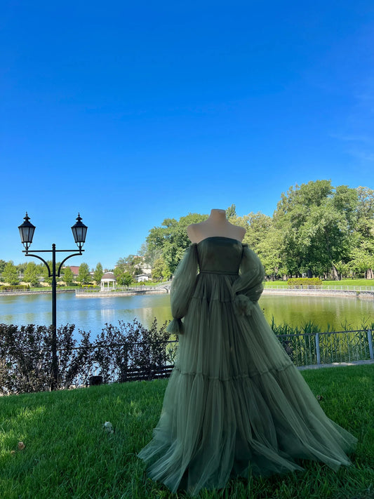 Romantic Ball Gown Off-the-Shoulder Tulle Olive Green Floor-Length Prom Dress