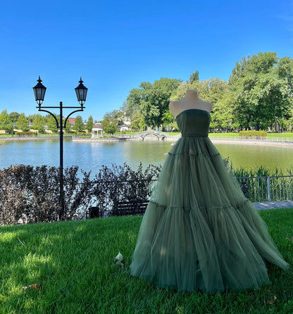 Romantic Ball Gown Off-the-Shoulder Tulle Olive Green Floor-Length Prom Dress