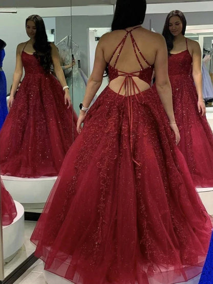 Romantic Spaghetti Strap Beaded Red Floor-Length Party Dress