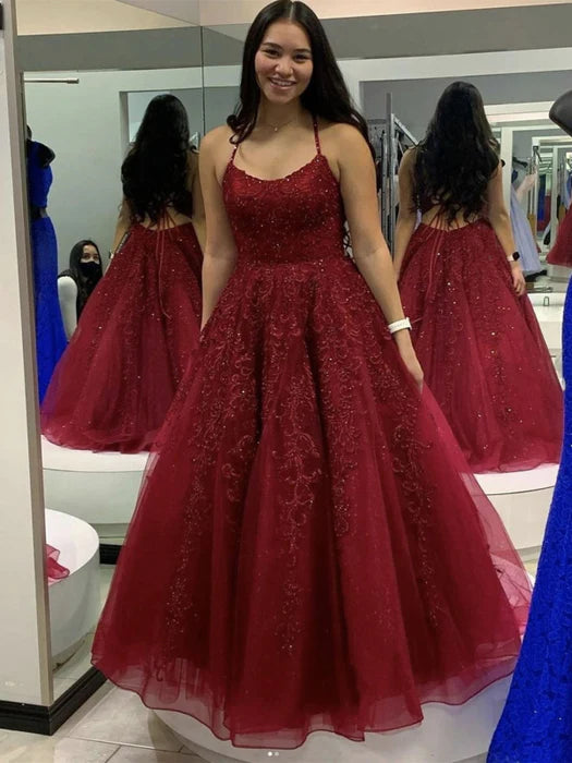 Romantic Spaghetti Strap Beaded Red Floor-Length Party Dress