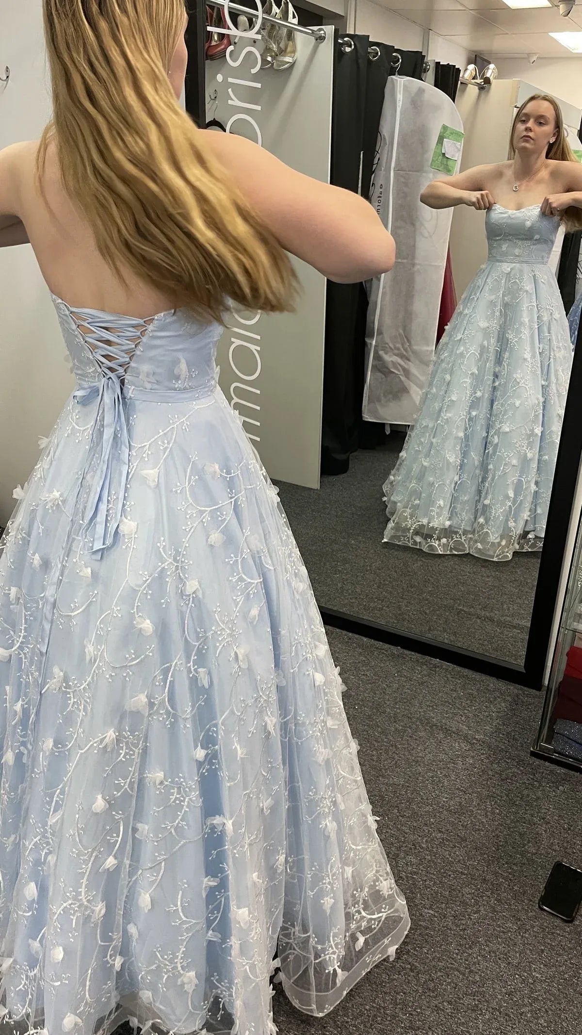 Romantic Ball Gown Sweetheart Neck Sleeveless Floral Sky Blue Maxi Prom Dress for Women Ready to Ship