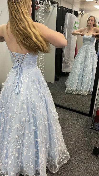 Romantic Ball Gown Sweetheart Neck Sleeveless Floral Sky Blue Maxi Prom Dress for Women Ready to Ship