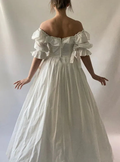 Romantic Ballgown Off-Shoulder Puff-Sleeve Bow Cotton White Floor-Length Evening Dress for Women