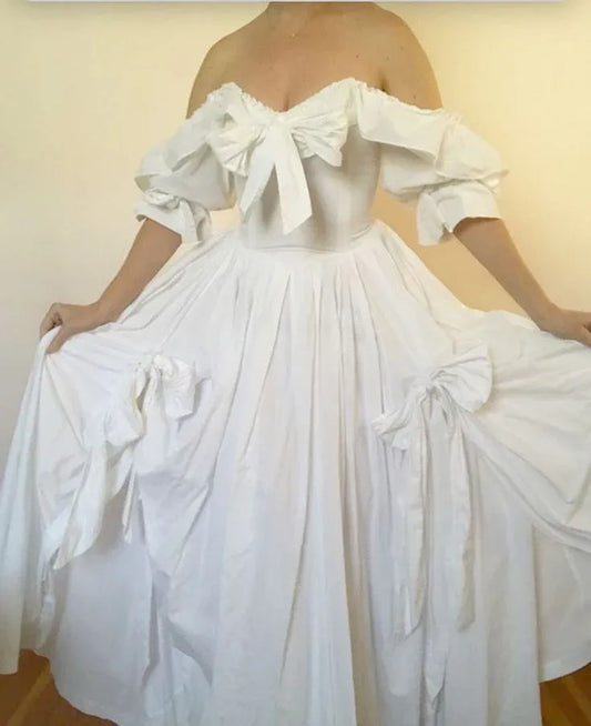 Romantic Ballgown Off-Shoulder Puff-Sleeve Bow Cotton White Floor-Length Evening Dress for Women