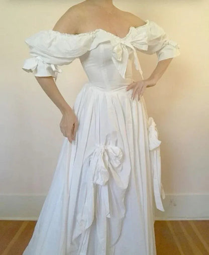 Romantic Ballgown Off-Shoulder Puff-Sleeve Bow Cotton White Floor-Length Evening Dress for Women