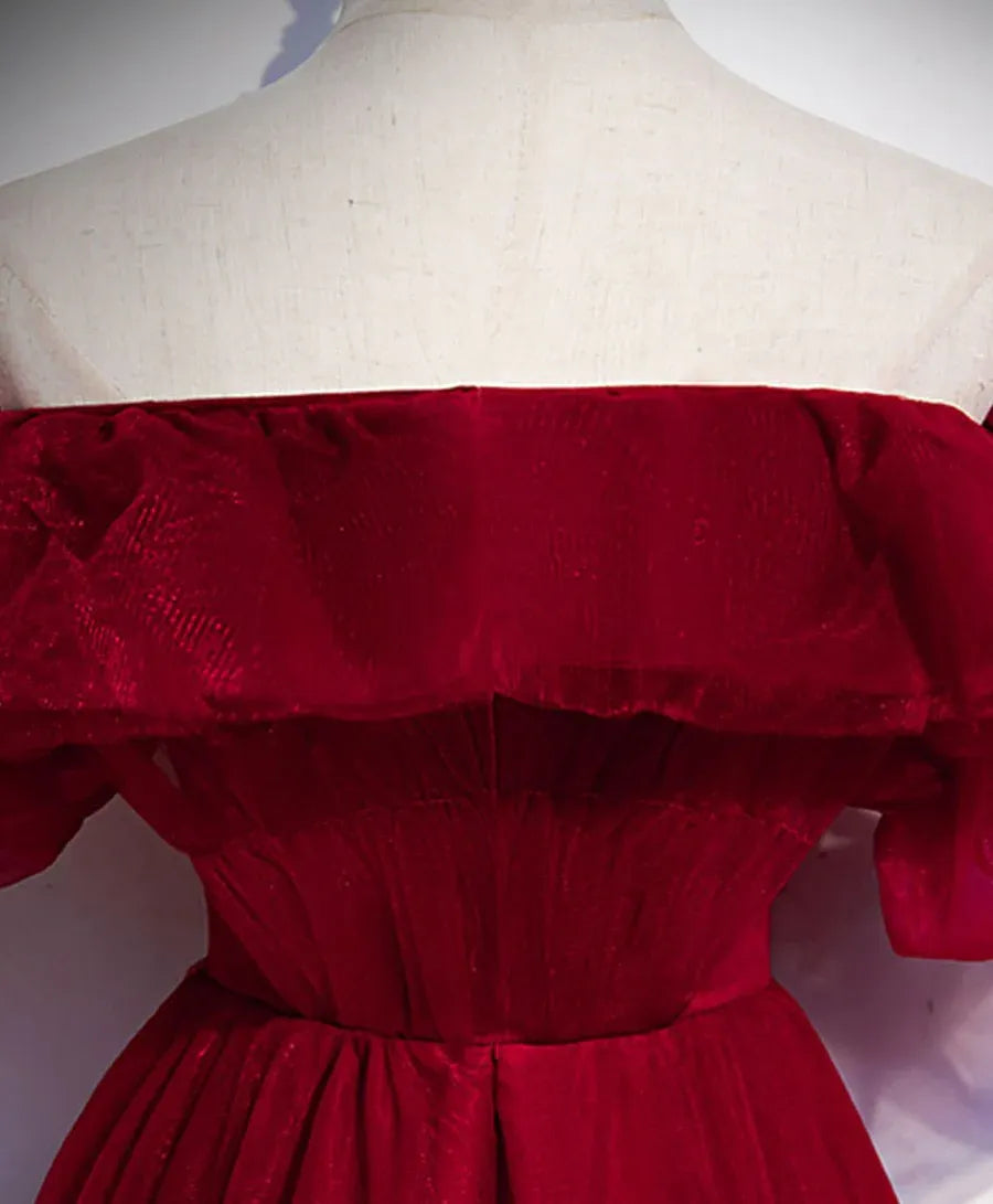 Romantic Ballgown Off-Shoulder Ruffled Burgundy Long Prom Dress for Women Ready to Ship