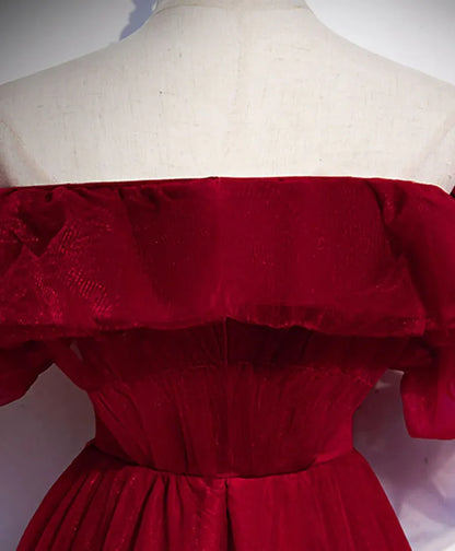 Romantic Ballgown Off-Shoulder Ruffled Burgundy Long Prom Dress for Women Ready to Ship