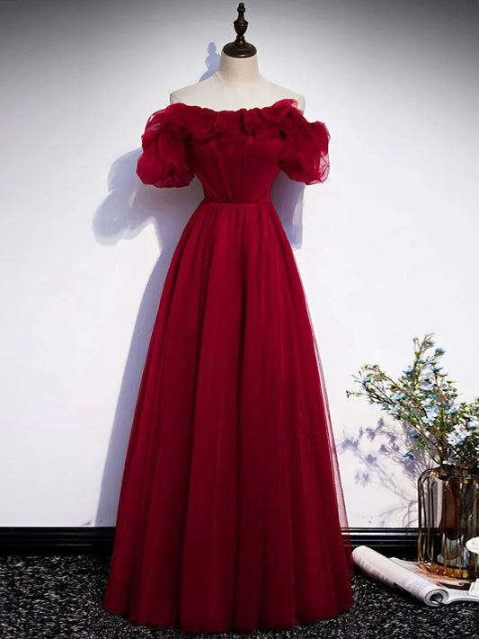 Romantic Ballgown Off-Shoulder Ruffled Burgundy Long Prom Dress for Women Ready to Ship