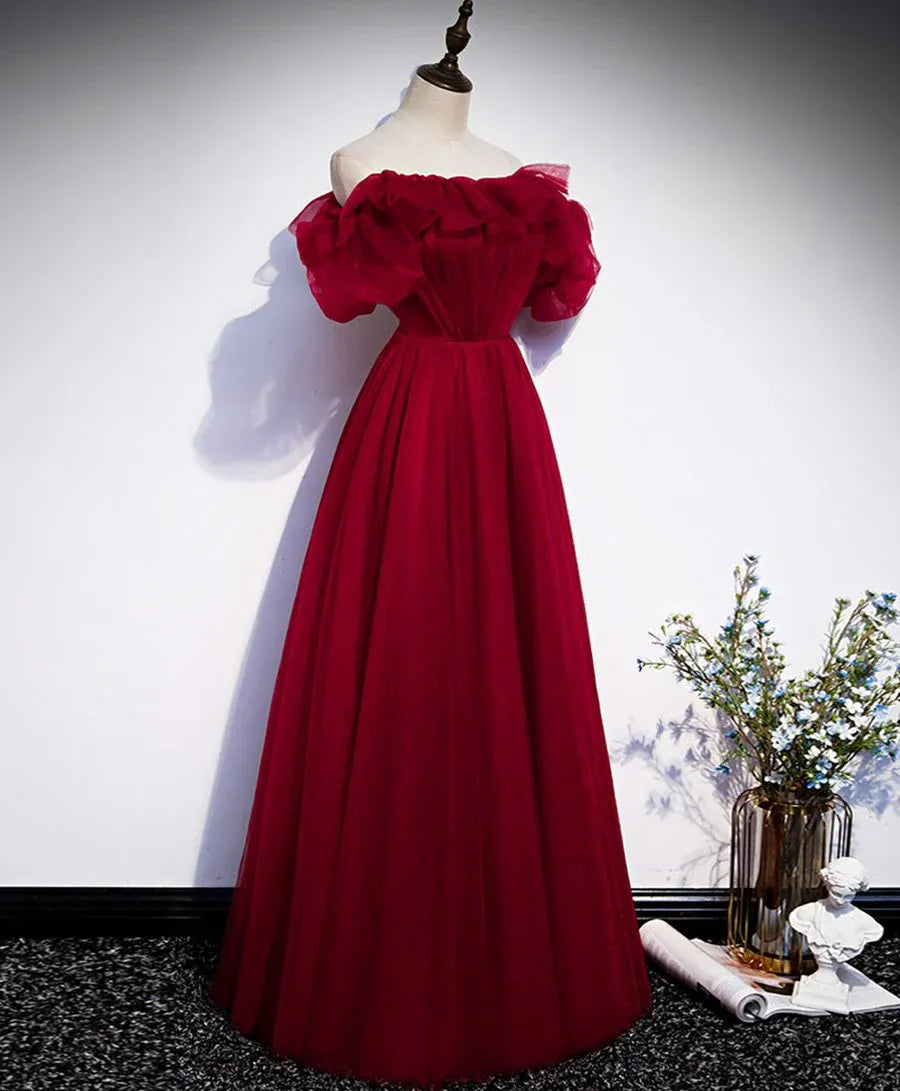 Romantic Ballgown Off-Shoulder Ruffled Burgundy Long Prom Dress for Women Ready to Ship