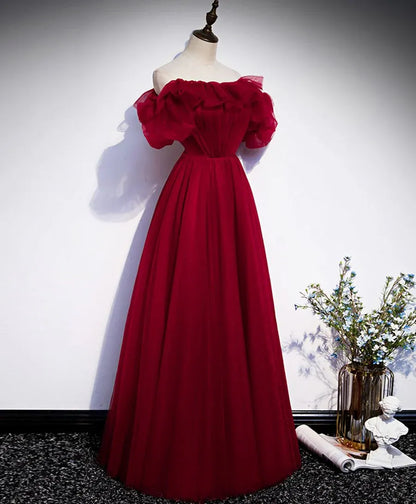 Romantic Ballgown Off-Shoulder Ruffled Burgundy Long Prom Dress for Women Ready to Ship