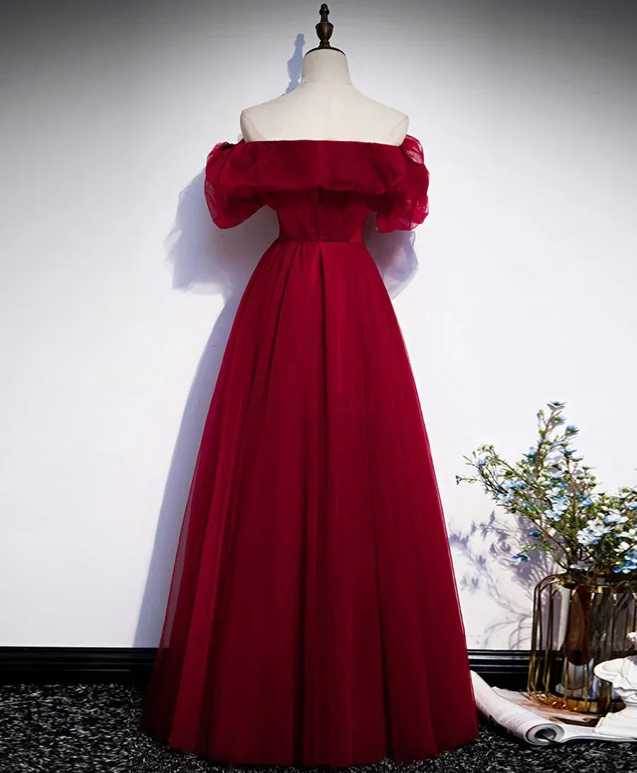 Romantic Ballgown Off-Shoulder Ruffled Burgundy Long Prom Dress for Women Ready to Ship