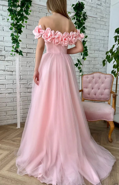 Romantic Ballgown Off-the-Shoulder Sleeveless Floral-Accented Blush Maxi Prom Dress for Women Custom
