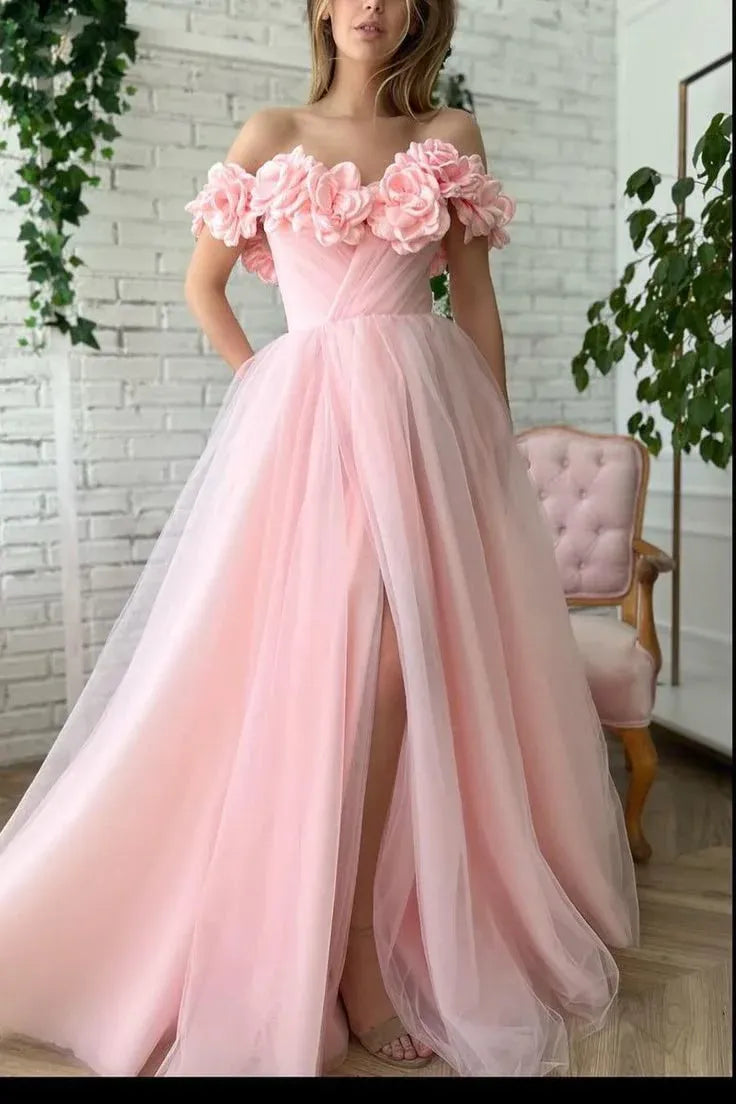 Romantic Ballgown Off-the-Shoulder Sleeveless Floral-Accented Blush Maxi Prom Dress for Women Custom
