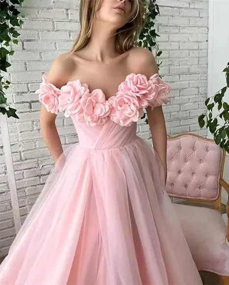 Romantic Ballgown Off-the-Shoulder Sleeveless Floral-Accented Blush Maxi Prom Dress for Women Custom
