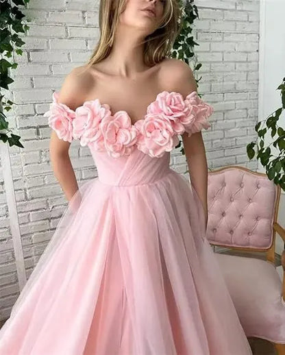 Romantic Ballgown Off-the-Shoulder Sleeveless Floral-Accented Blush Maxi Prom Dress for Women Custom