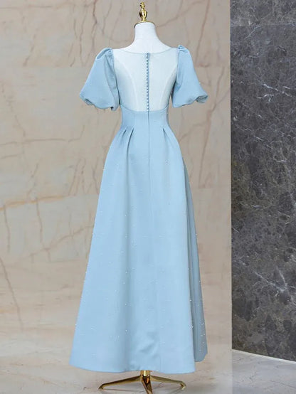 Romantic Ballgown Square-Neck Puff-Sleeve Pearl-Accent Satin Sky-Blue Maxi Evening Dress for Women