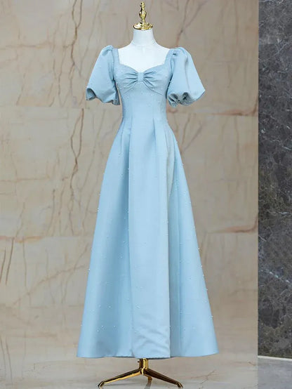 Romantic Ballgown Square-Neck Puff-Sleeve Pearl-Accent Satin Sky-Blue Maxi Evening Dress for Women