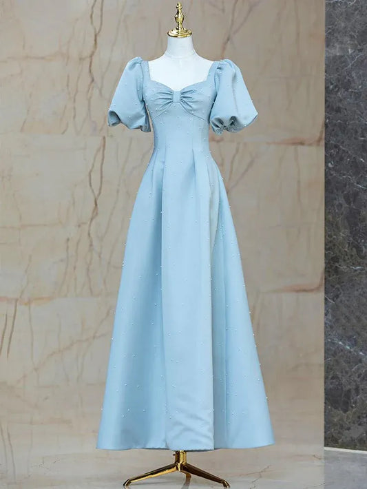 Romantic Ballgown Square-Neck Puff-Sleeve Pearl-Accent Satin Sky-Blue Maxi Evening Dress for Women